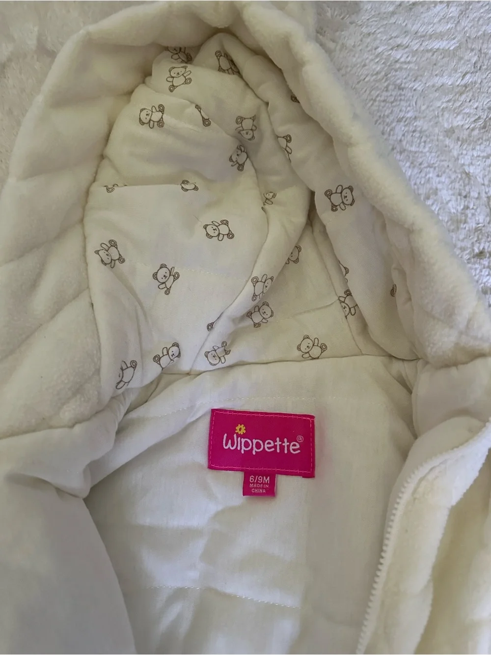 Wippette Cream Quilted Baby One-Piece with Bear Hood